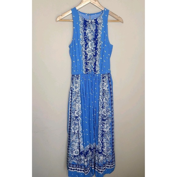 LOFT Dresses & Skirts - Loft Midi Dress XS Blue Floral Sleeveless Back Cut Out Pockets Drawstring